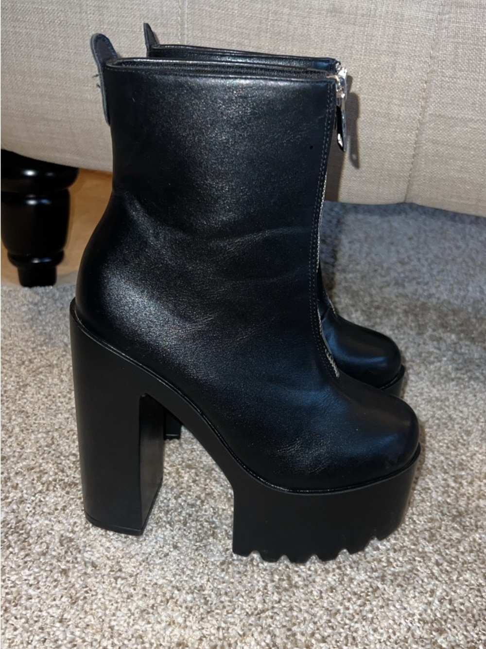 Black Platform Zip Ankle Boots - Women's Fashion Heel
